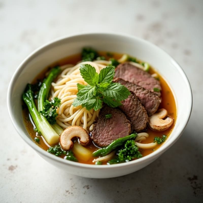 Lean Beef and Rice Noodle Soup with Fresh Herbs