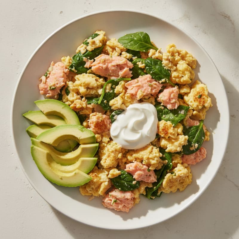 Egg and Tinned Salmon Scramble with Avocado Slices