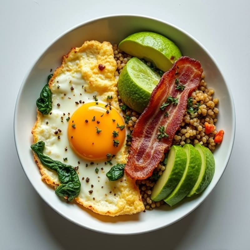 Egg White Scramble with Spinach and Turkey Bacon (with Quinoa & Avocado Side)