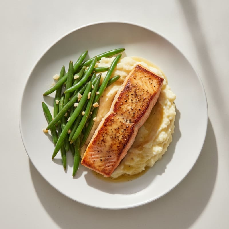 Seared Salmon with Garlic Green Beans and Mashed Cauliflower