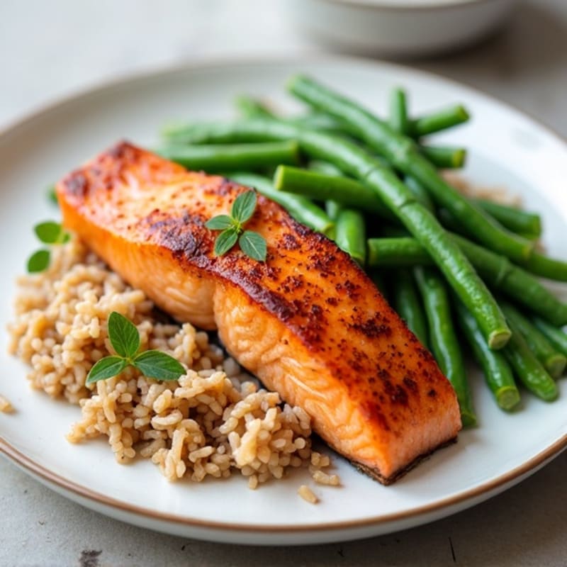 Seared Salmon with Steamed Green Beans and Brown Rice