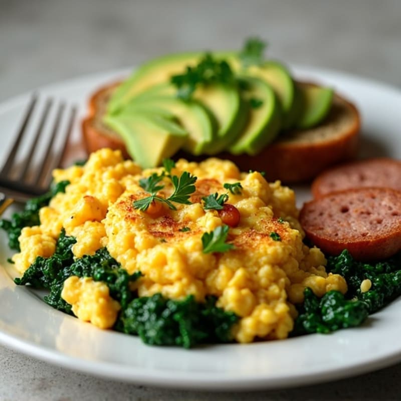 Egg White and Turkey Sausage Scramble with Sautéed Spinach