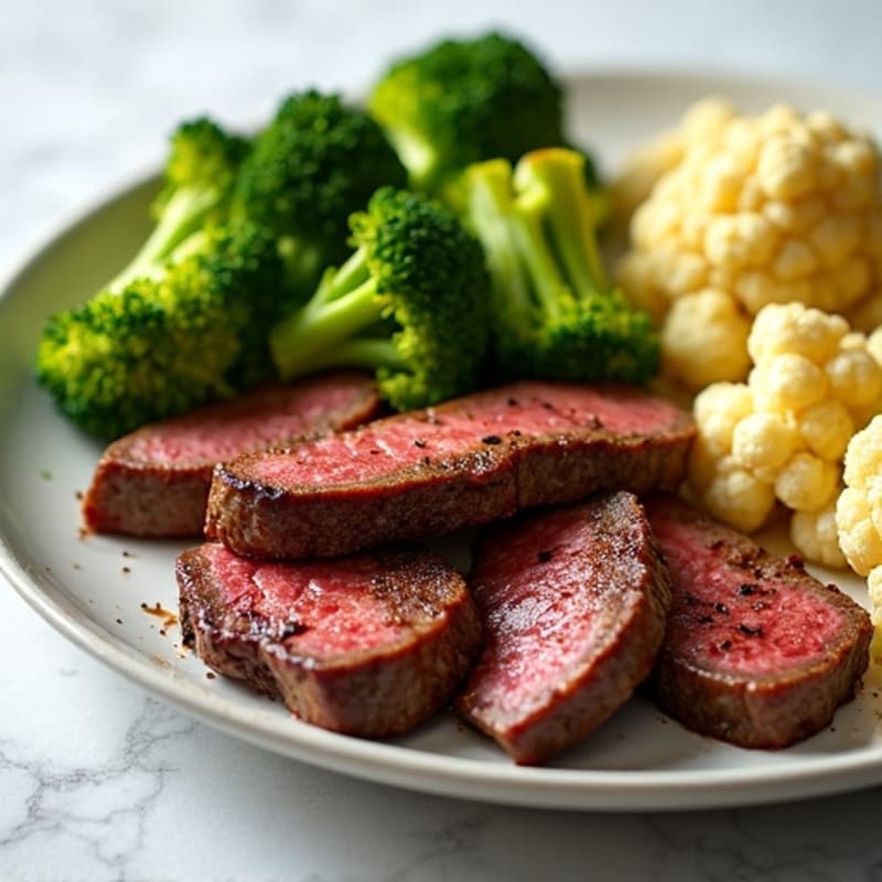 Seared Lean Beef Strips with Roasted Broccoli and Cauliflower