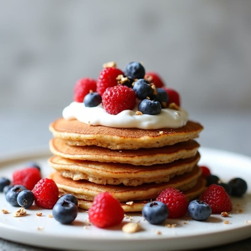 High-Protein Whole Grain Pancakes with Creamy Greek Yogurt, Fresh Berries, and Crunchy Nuts