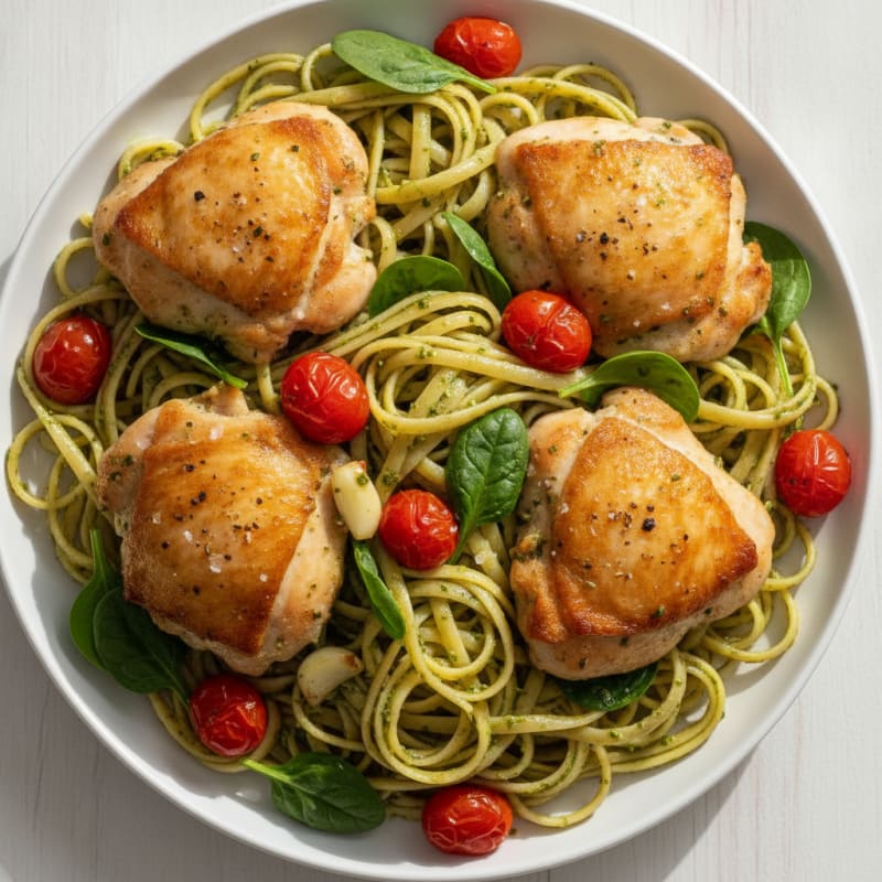 Pesto Chicken Thighs with Linguine