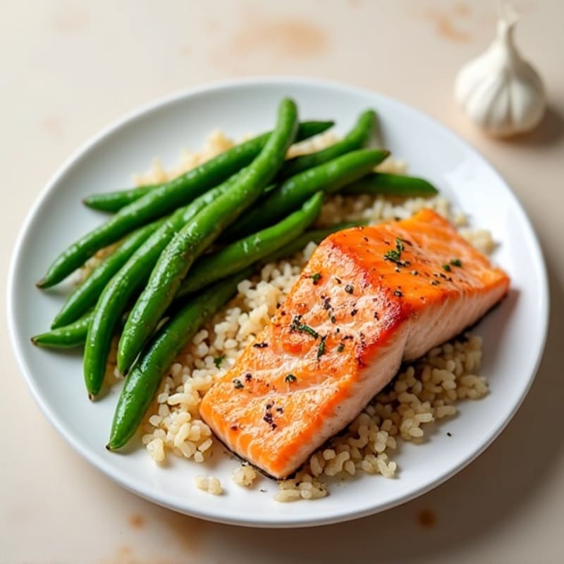 Seared Salmon with Garlic Green Beans and Steamed Brown Rice