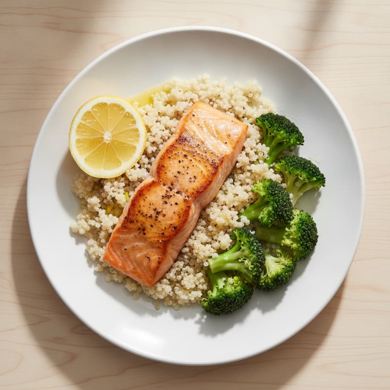 Seared Salmon Fillet with Steamed Broccoli and Quinoa