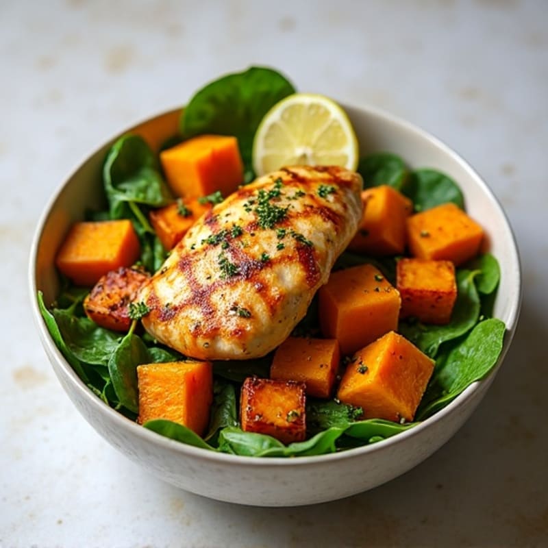 Crispy Lemon Herb Chicken Bowl with Roasted Sweet Potatoes and Greens