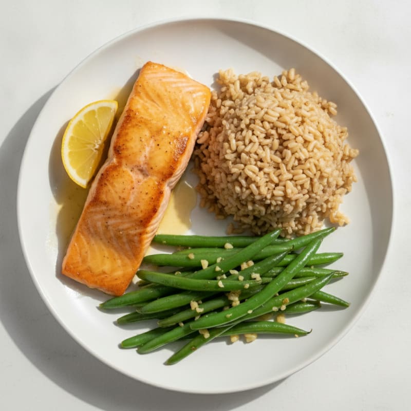 Seared Salmon Fillet with Garlic Green Beans and Brown Rice