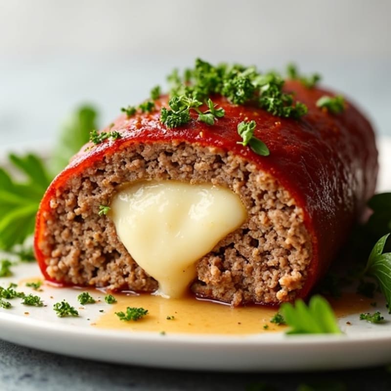 Lean Turkey and Beef Meatloaf Stuffed with Mozzarella and Herbs, Crispy Baked