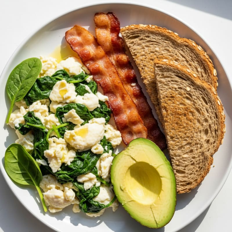 Scrambled Egg Whites with Sautéed Spinach and Turkey Bacon