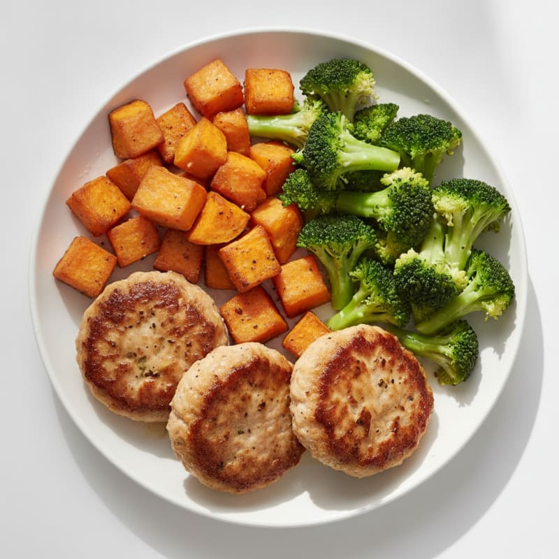Seared Turkey Patties with Roasted Sweet Potato and Steamed Broccoli