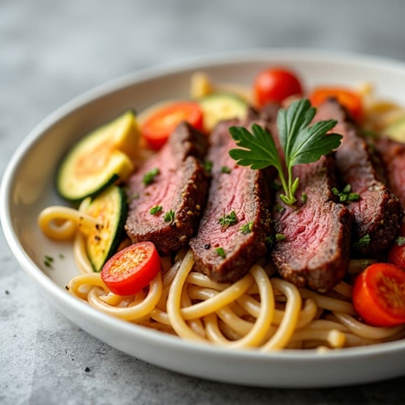 Seared Beef Strips with Garlic Noodles and Baked Vegetables