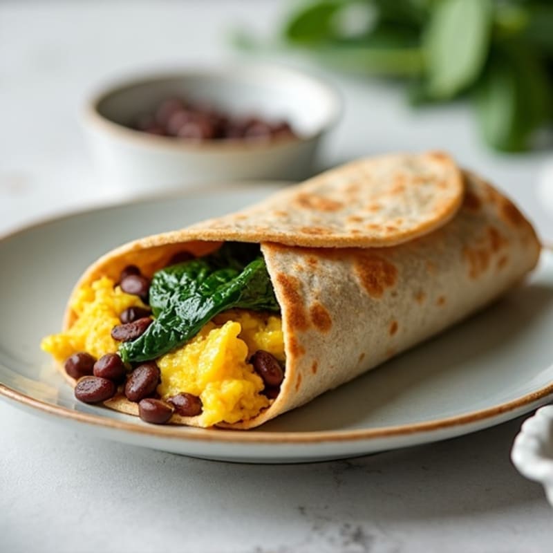 Scrambled Egg and Lean Turkey Sausage Breakfast Burrito with Black Beans and Sautéed Spinach