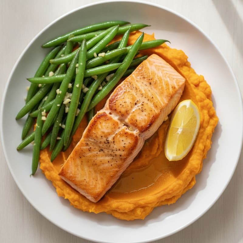 Seared Salmon Fillet with Garlic Green Beans and Sweet Potato Mash