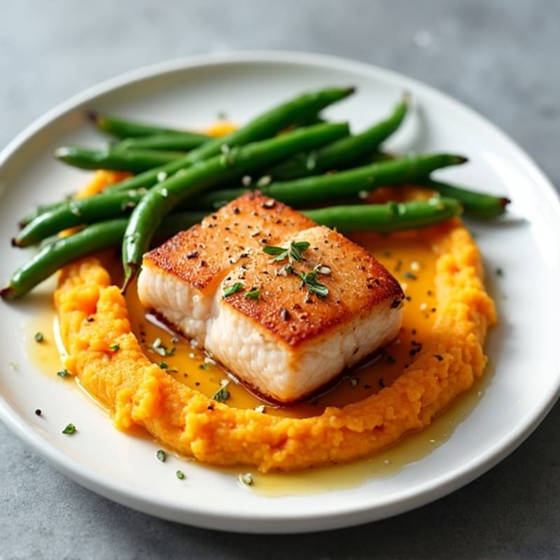 Pan-Seared Salmon with Garlic Green Beans and Sweet Potato Mash