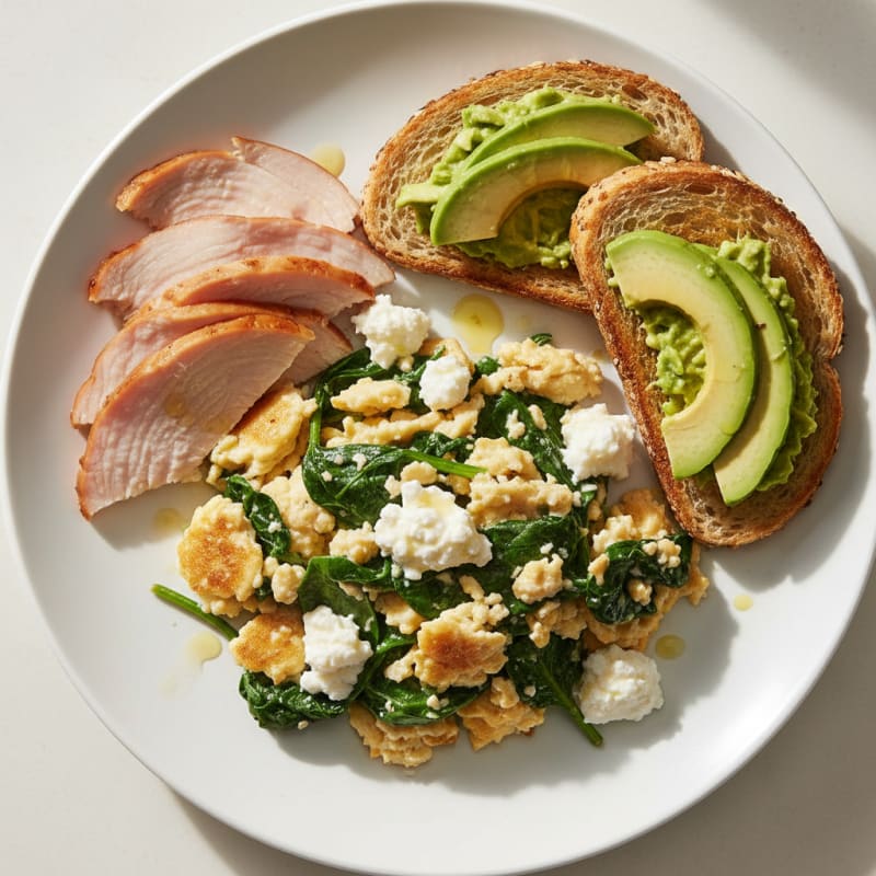 Egg White and Spinach Scramble with Cottage Cheese and Sliced Turkey