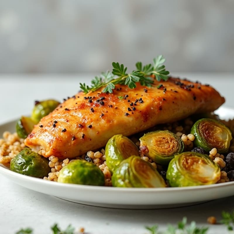 Honey-Dijon Chicken with Crispy Brussels Sprouts and Herbed Quinoa