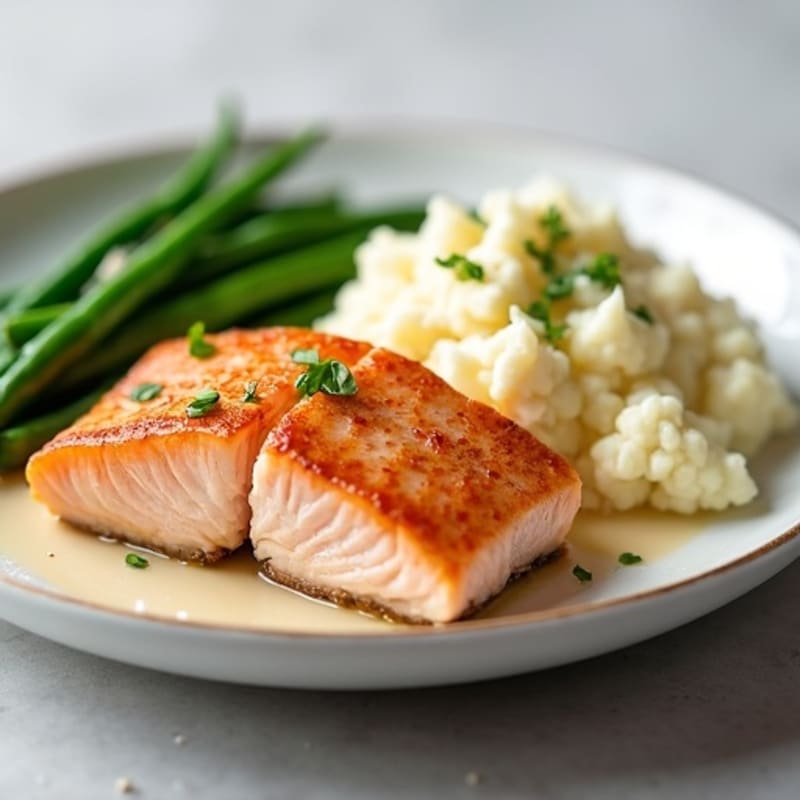 Seared Salmon with Steamed Green Beans and Garlic Mashed Cauliflower