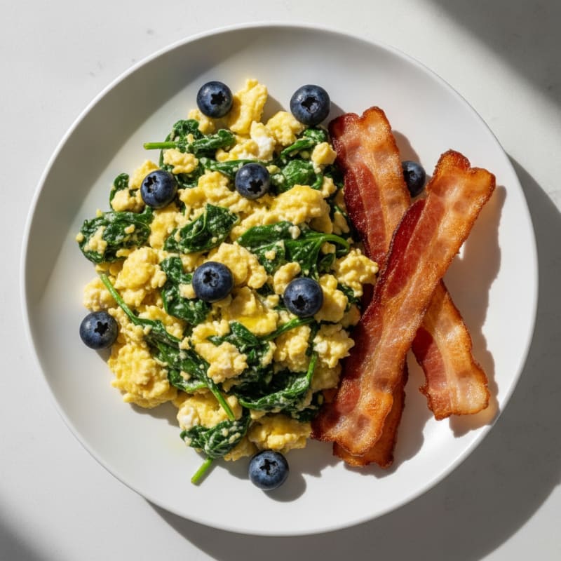 Cottage Cheese Scramble with Spinach and Turkey Bacon