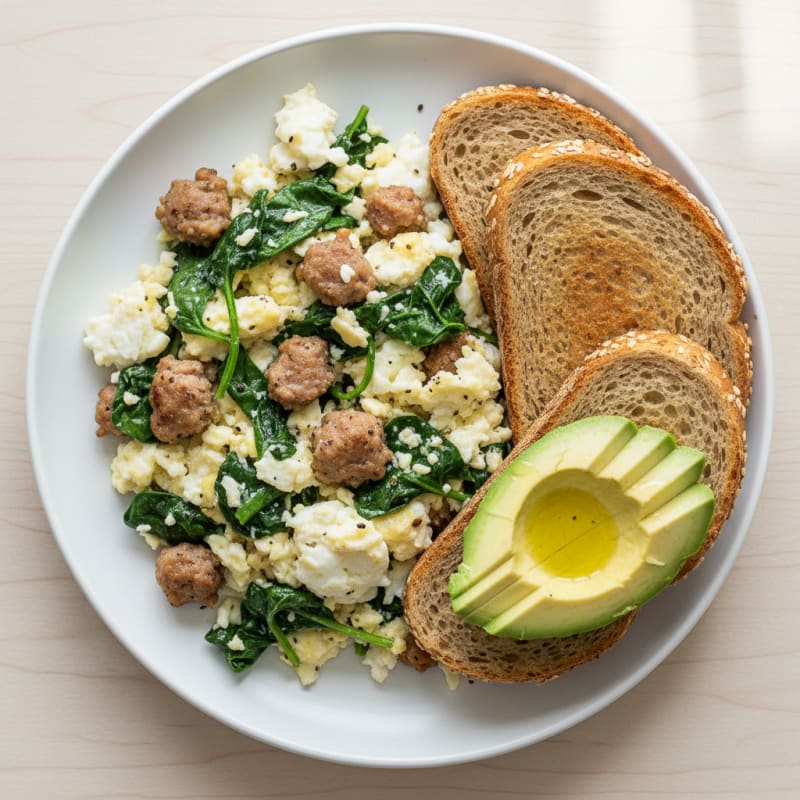 Egg White and Spinach Scramble with Turkey Sausage