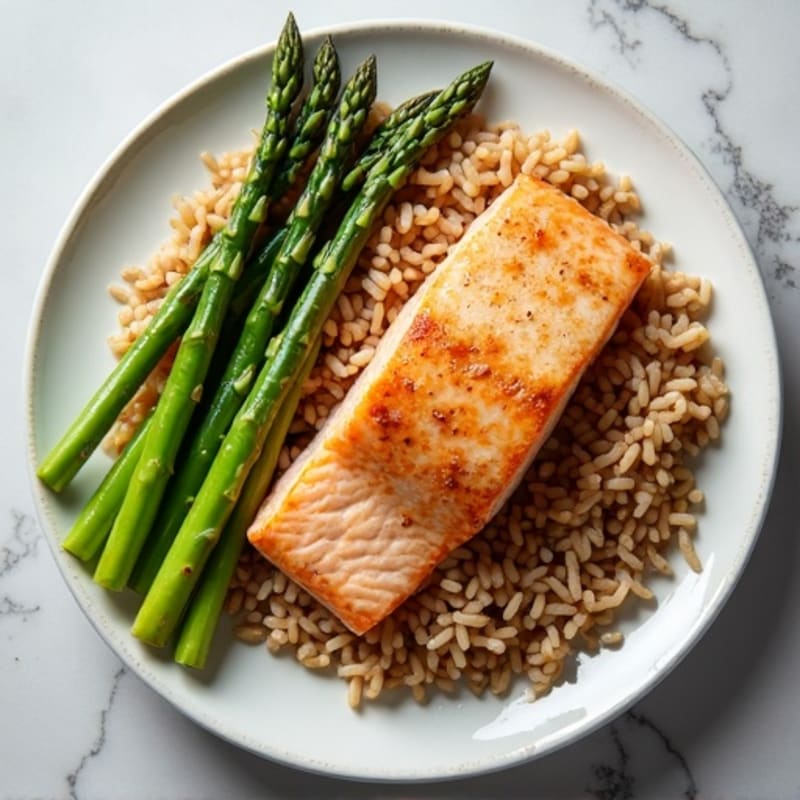 Seared Salmon Fillet with Brown Rice and Steamed Asparagus