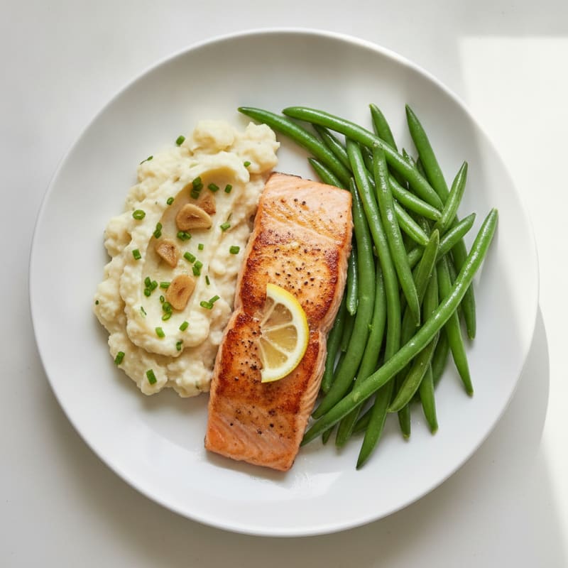 Seared Salmon Fillet with Steamed Green Beans and Garlic Mashed Cauliflower