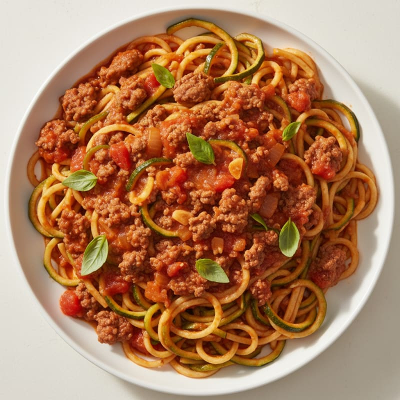 Lean Beef Spaghetti with Zucchini Noodles and Tomato Basil Sauce