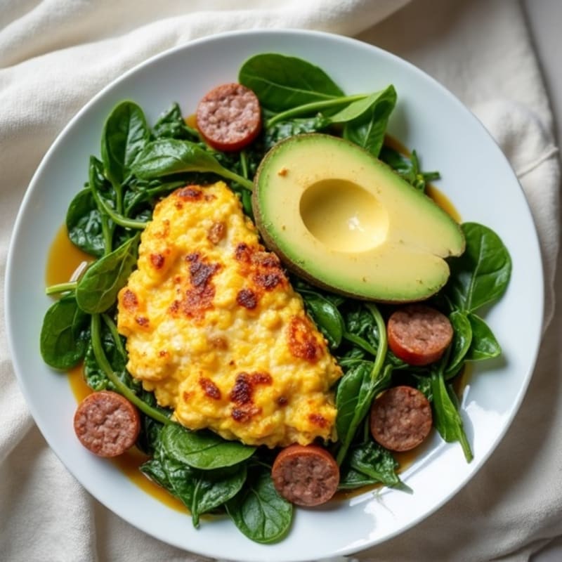 Egg White and Turkey Sausage Scramble with Sautéed Spinach and Avocado
