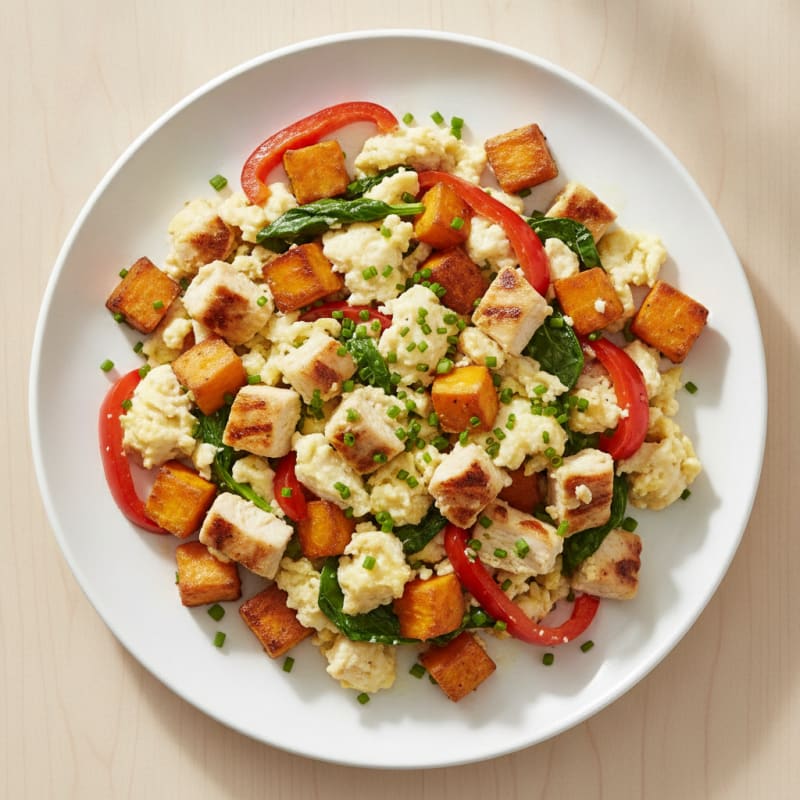 Egg White and Chicken Scramble with Roasted Sweet Potatoes