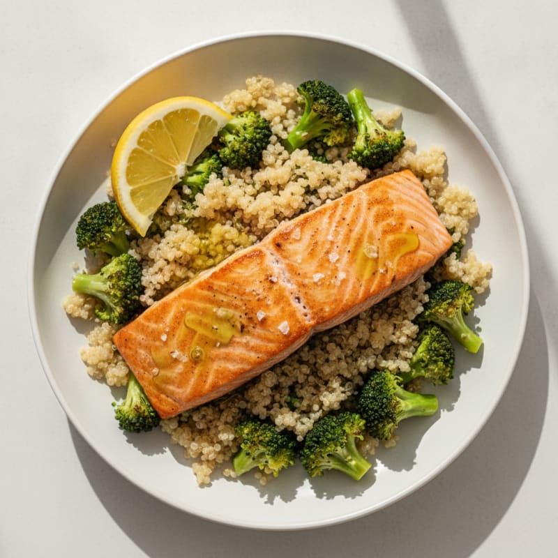 Pan-Seared Salmon with Steamed Broccoli and Quinoa