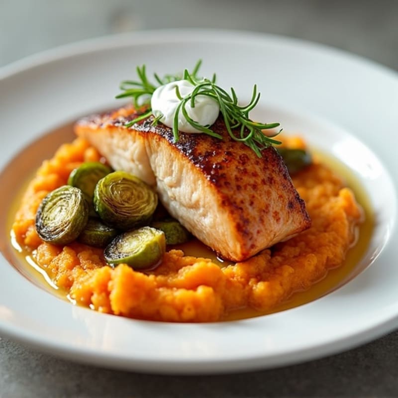 Seared Salmon with Roasted Brussels Sprouts and Sweet Potato Mash