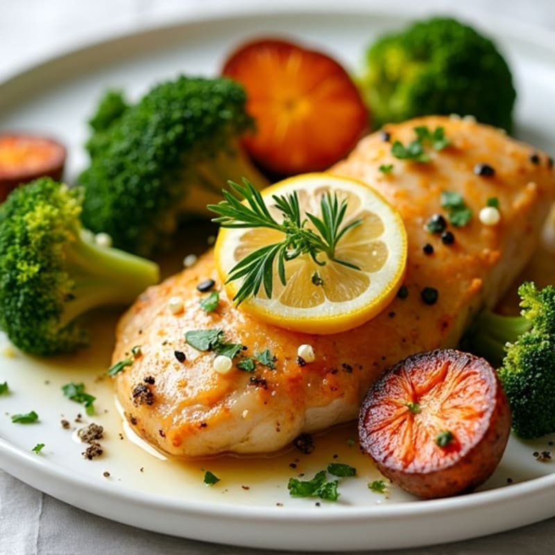 Lemon Herb Roasted Chicken with Crispy Broccoli and Sweet Potatoes