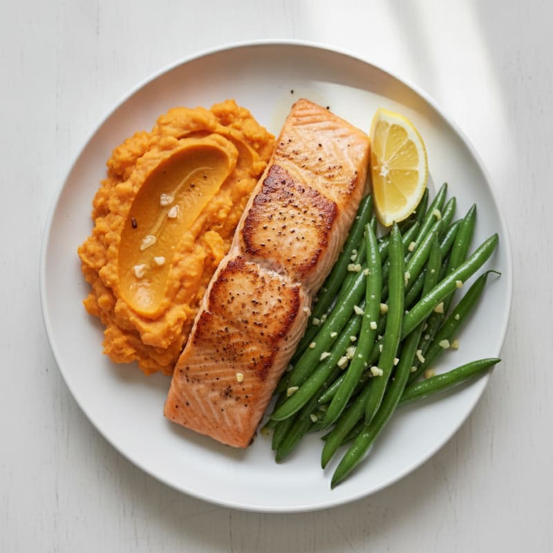 Seared Salmon with Garlic Green Beans and Creamy Mashed Sweet Potatoes