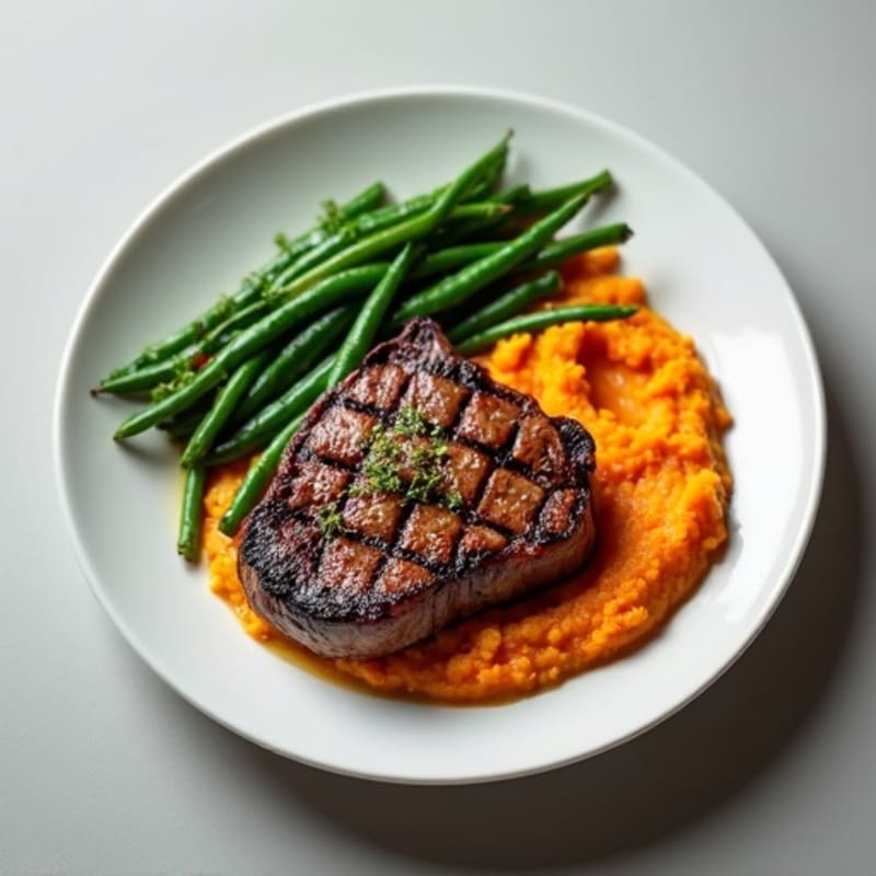 Seared Steak with Garlic Green Beans and Sweet Potato Mash