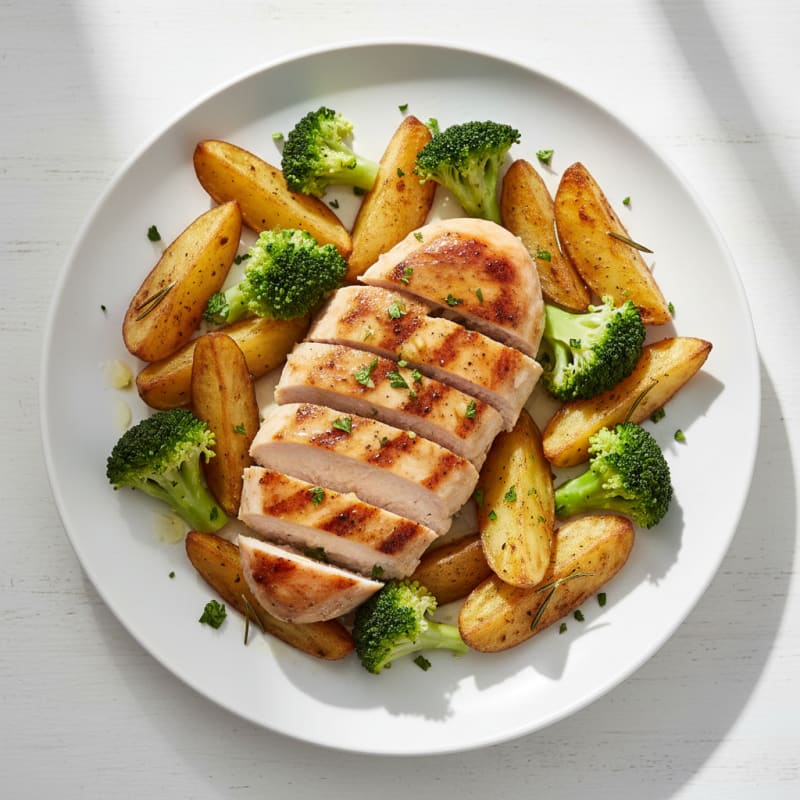 Grilled Chicken Breast with Roasted Potato Wedges and Steamed Broccoli