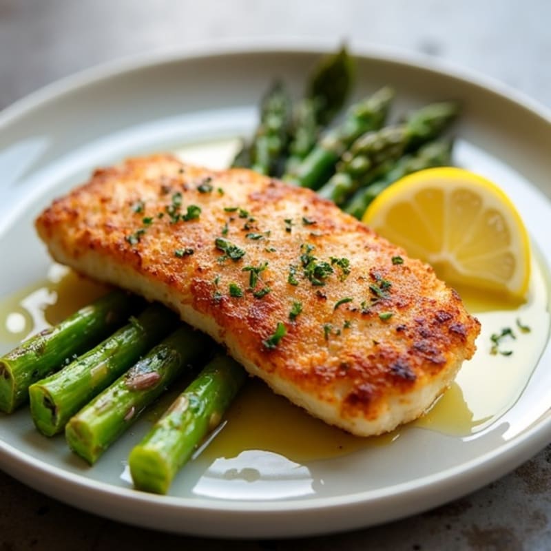 Crispy Pan-Seared Veal Cutlets with Roasted Asparagus and Lemon