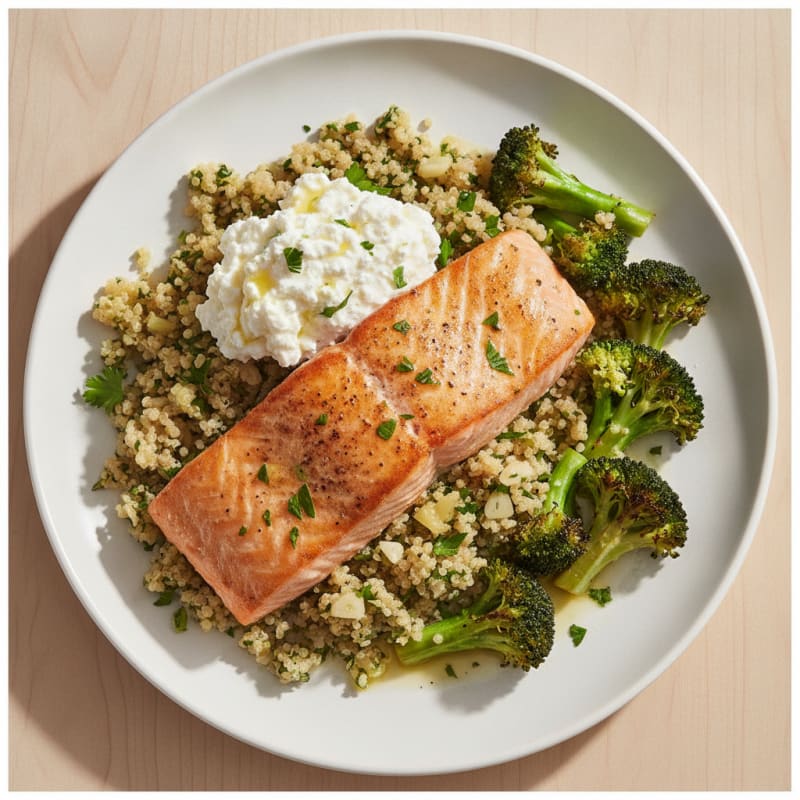Seared Salmon Fillet with Roasted Broccoli and Lemon-Herb Quinoa