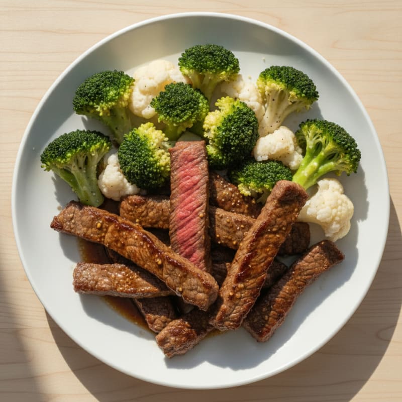 Seared Lean Beef Strips with Steamed Broccoli and Cauliflower