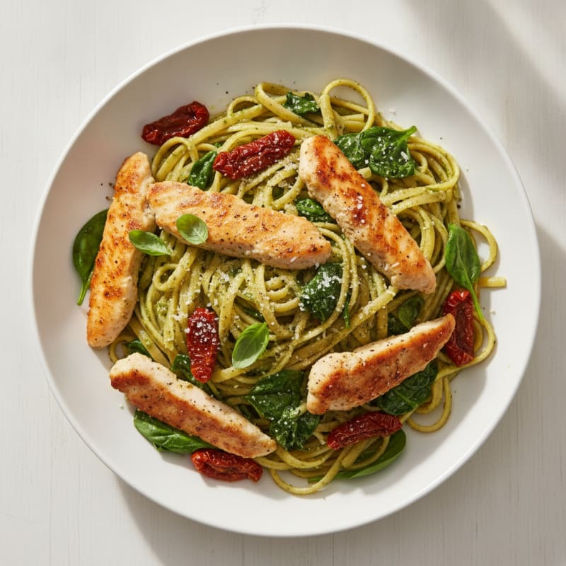 Pesto Chicken Linguine with Sun-Dried Tomatoes