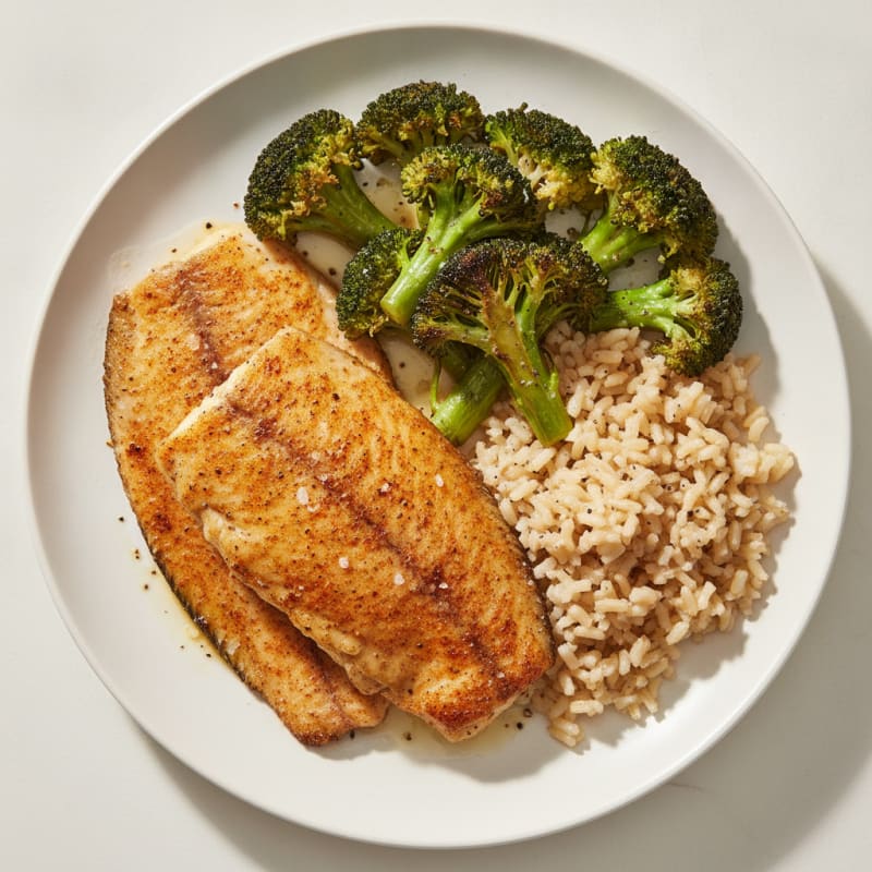 Baked Tilapia with Seared Broccoli and Rice