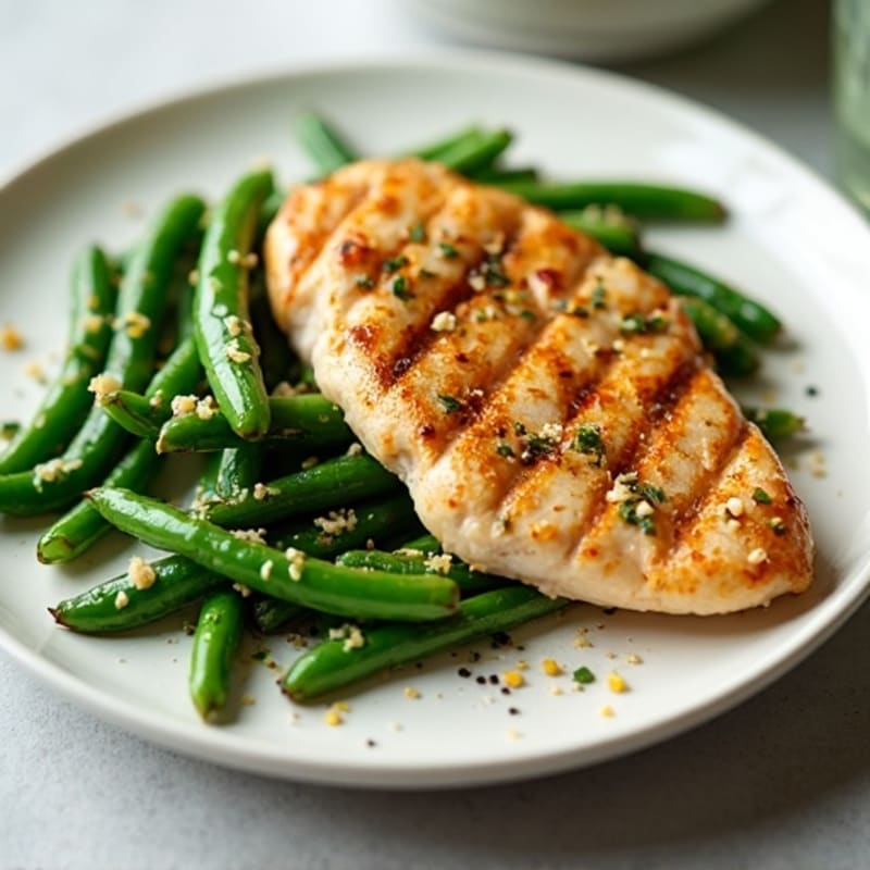 Crispy Garlic Lemon Roasted Green Beans with Grilled Chicken