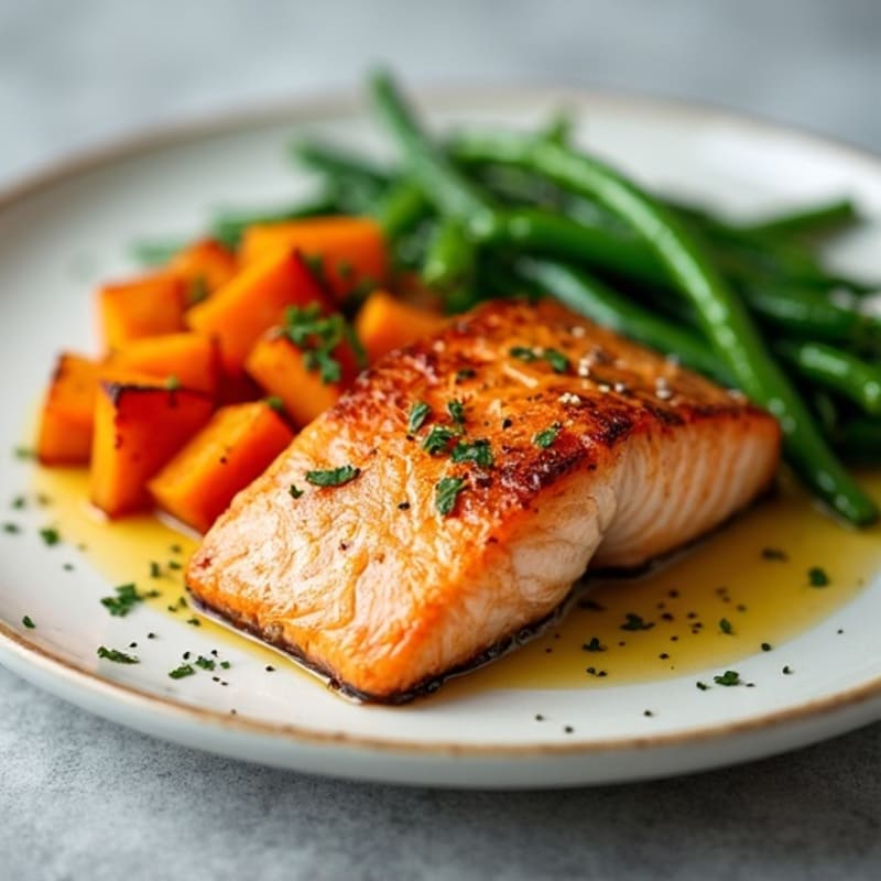 Seared Salmon with Roasted Sweet Potato and Garlic Green Beans