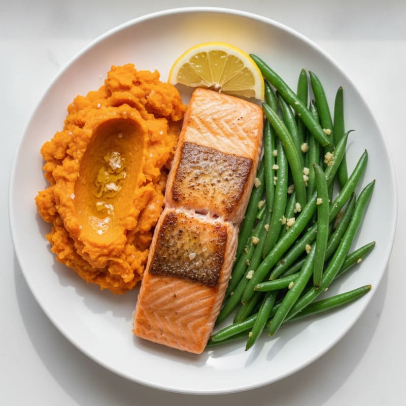 Seared Salmon with Garlic Green Beans and Sweet Potato Mash
