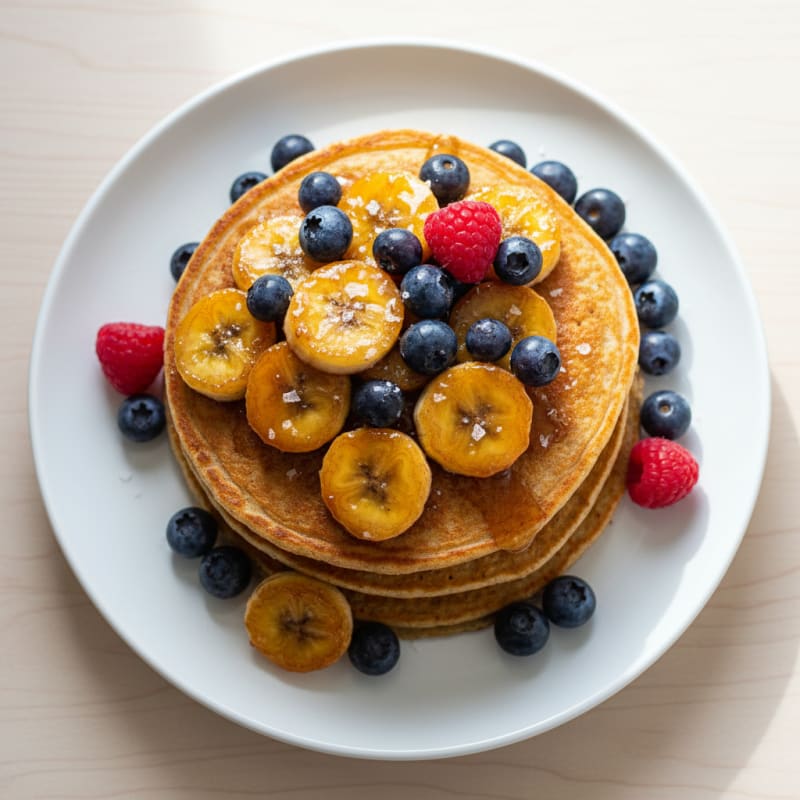 Golden Caramelized Banana Pancakes with Berries