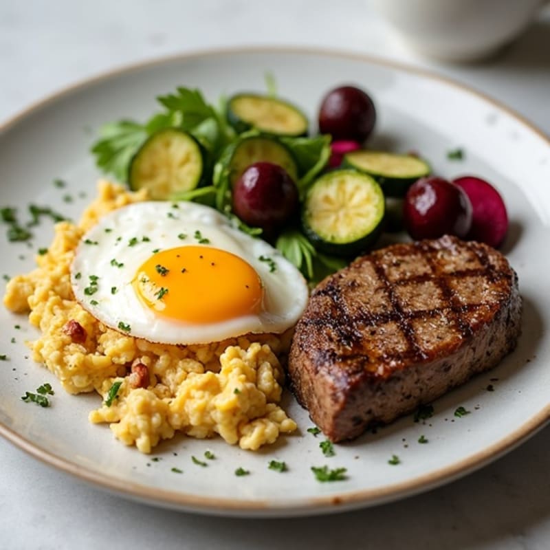 Egg and Steak Scramble with Roasted Zucchini and Walnut-Beet Salad