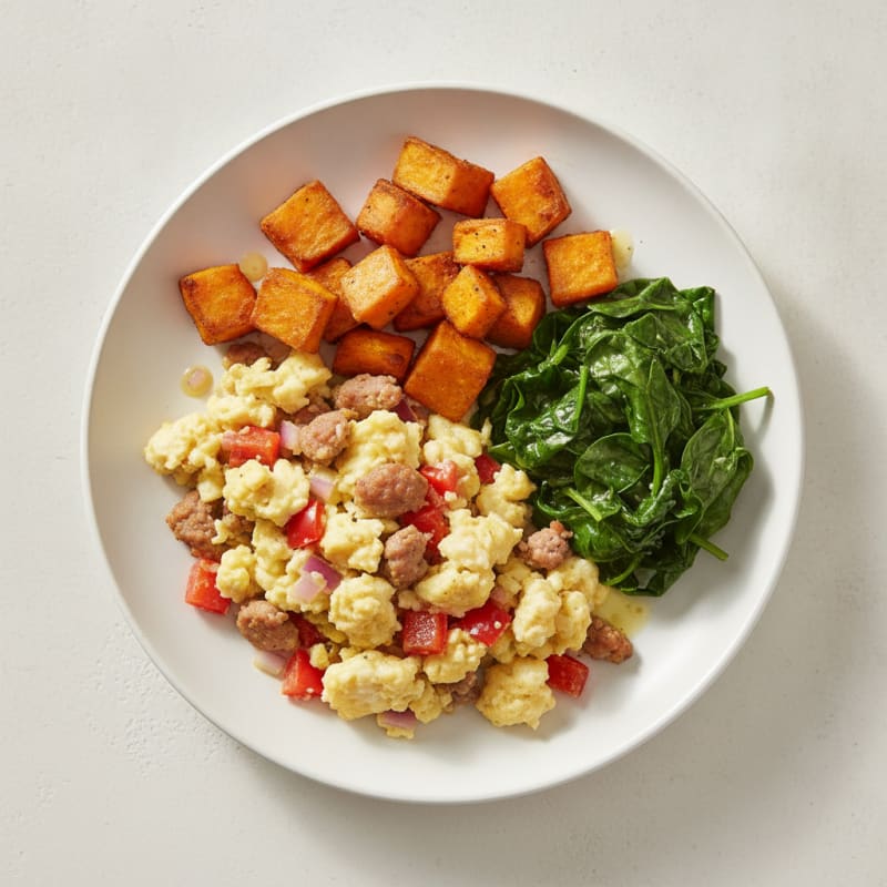 Egg White Veggie Scramble with Turkey Sausage and Sautéed Spinach