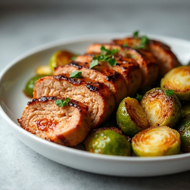 Sticky Ginger-Garlic Glazed Pork Tenderloin with Crispy Roasted Brussels Sprouts