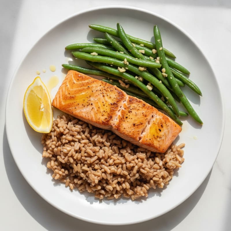 Seared Salmon with Garlic Green Beans and Brown Rice