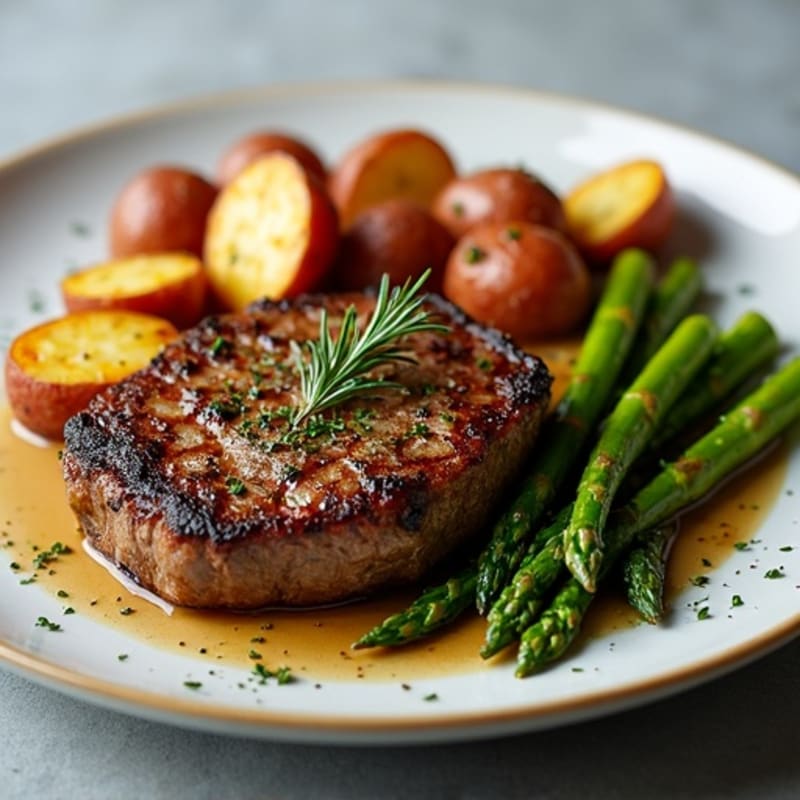 Pan-Seared Steak with Crispy Roasted Potatoes and Tender Asparagus